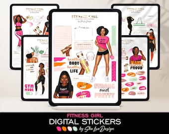 Adesivi digitali per pianificatore di fitness, adesivi per pianificatore di allenamento per ragazze nere, adesivi Goodnotes, adesivi per palestra Selfcare Sport, adesivi per esercizi