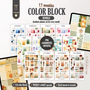 Può includere: Set di planner digitale estetico per ogni mese, con design a blocchi di colore. Include file PNG per GoodNotes e Noteful. L'immagine mostra un tablet con un calendario di marzo e un'illustrazione di scoiattolo. Il testo aggiuntivo include "144 blocchi di colore".