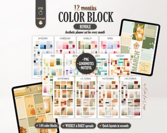12 months Color block digital planning templates, Color blocks inserts for Goodnotes & Noteful planner, Template insert, Daily Weekly layout