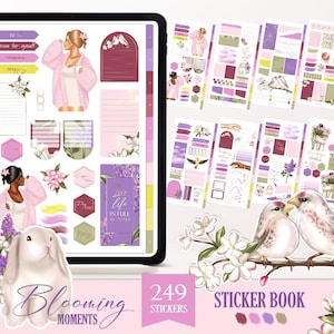 2025 Spring digital stickers for Goodnotes planner, Blooming flowers sticker book, Purple Floral iPad set PNG, Birds and flower Pre-cropped