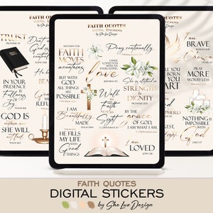 May include: Digital stickers with faith-based quotes and illustrations. The stickers feature gold accents, white flowers, and bible verses. The quotes include "Trust", "Faith Moves Mountains", "Pray Continually", "I am Brave", and "Nothing is Impossible with God".