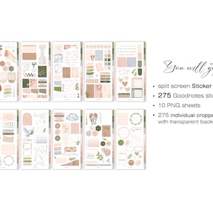 May include: A set of 10 digital planner sheets with a split screen design. The sheets feature a variety of floral and geometric patterns in shades of pink, green, and brown. The sheets are designed for use with the Goodnotes app and include 275 individual stickers.