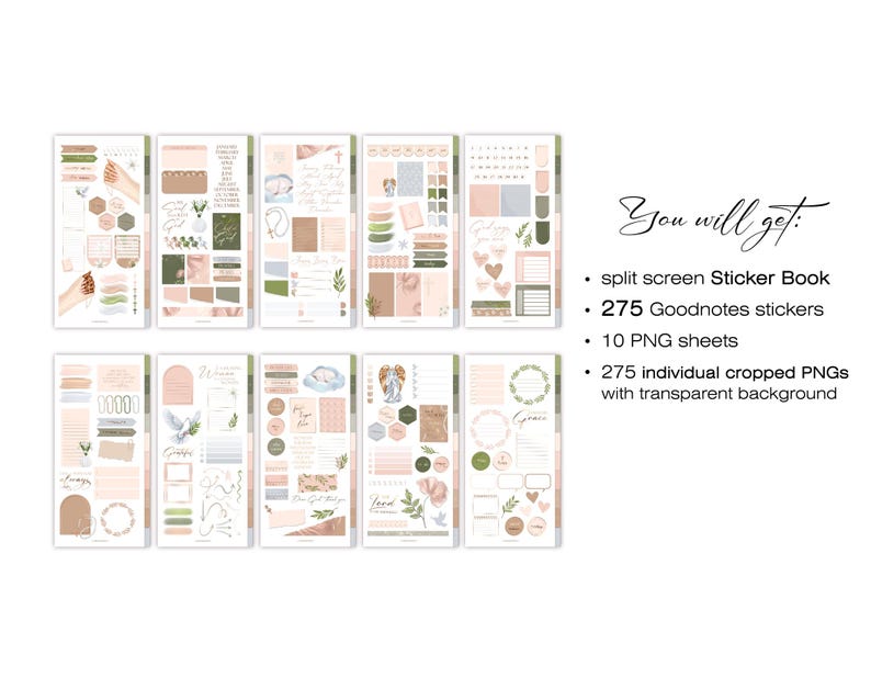 May include: A set of 10 digital planner sheets with a split screen design. The sheets feature a variety of floral and geometric patterns in shades of pink, green, and brown. The sheets are designed for use with the Goodnotes app and include 275 individual stickers.