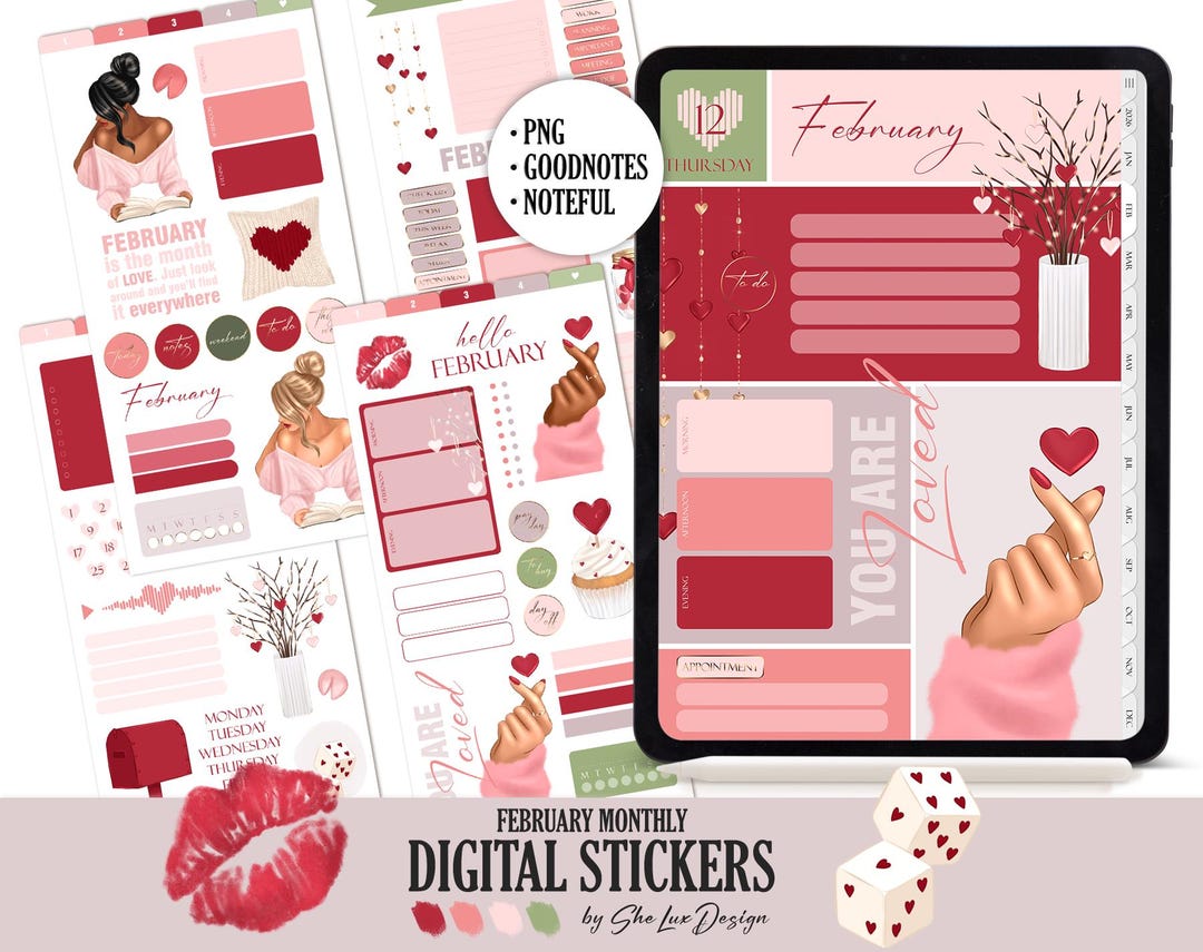 February 2026 Digital Stickers, Valentines Goodnotes Noteful PNG Love ...