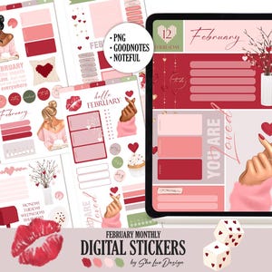 May include: Digital stickers for February with a Valentine's Day theme. The stickers include illustrations of women, hearts, and the text "February" and "You are loved." The color palette includes red, pink, and white.
