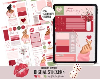 February 2026 digital stickers, Valentines Goodnotes Noteful PNG Love Planner stickers, Valentine woman digital stickers, Red Pink Hearts