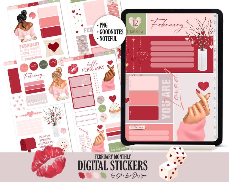May include: Digital stickers for February with a Valentine's Day theme. The stickers include illustrations of women, hearts, and the text "February" and "You are loved." The color palette includes red, pink, and white.