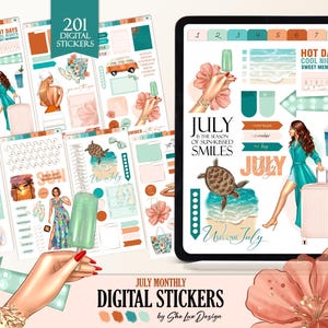 2025 July digital planner stickers, Monthly sticker book for summer planning, Travel girl planner sticker book, Turquoise ocean PNG Noteful