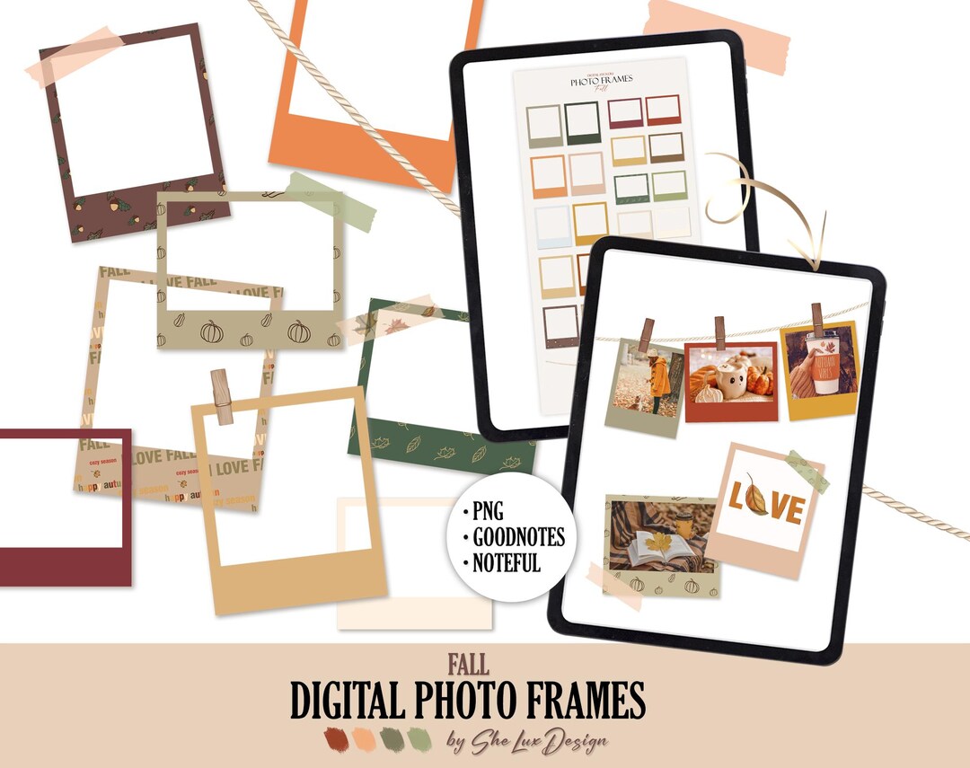 Fall Photo Frame Digital Stickers, Autumn Photo Frames PNG Planner ...