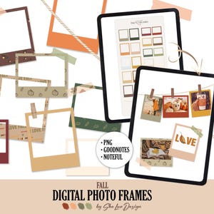 May include: Digital photo frames in various colors and designs, including frames with pumpkins and leaves. The image includes two tablets displaying the frames, with the text "FALL DIGITAL PHOTO FRAMES" and "LOVE".