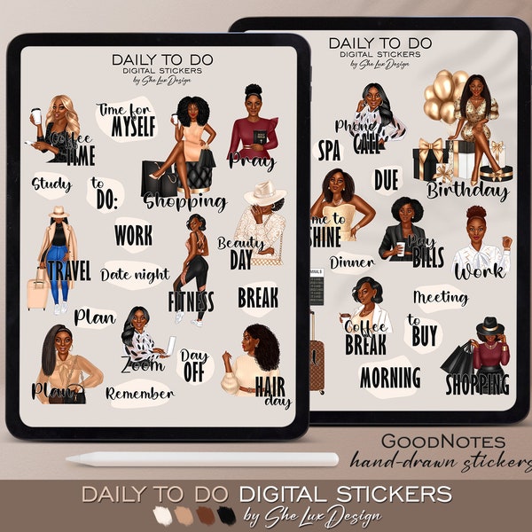 Black girl digital sticker pack, Goodnotes stickers, Daily To Do pre-cropped stickers, Boss Lady planner stickers, Business woman stickers