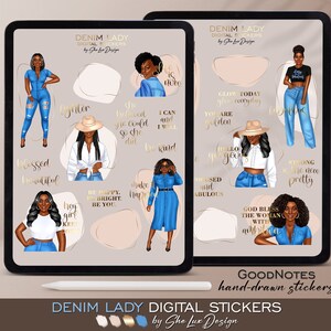 Black girl digital stickers, Goodnotes stickers, Denim girl digital stickers, IPad Planner stickers, Black women png, Aesthetic stickers