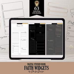 May include: A digital sticker book with 63 digital stickers for faith-based journaling. The stickers are black and white with gold accents and include a variety of designs, such as a cross, a calendar, and a prayer journal.
