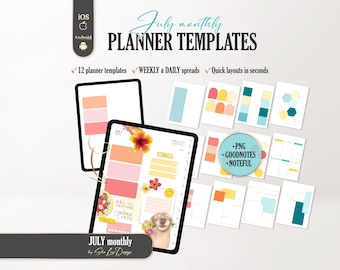 July Digital Planner Templates 2026, Summer Background Stickers PNG, Daily Weekly Layout Insert GoodNotes Noteful template background