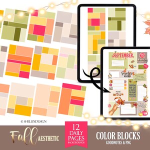 Peut inclure: 12 pages de planificateur numérique avec des arrière-plans de blocs de couleur dans des tons d'orange, jaune, vert et marron. Les pages sont intitulées "Esthétique d'automne" et "Blocs de couleur Goodnotes & PNG".