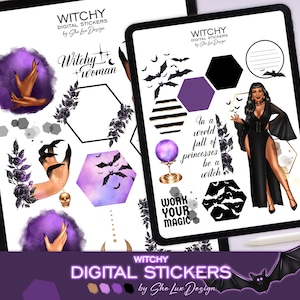 Witchy planner digital stickers, Halloween witch Goodnotes stickers, Digital scrapbook, Purple and Gold Magic sticker pack for iPad planner