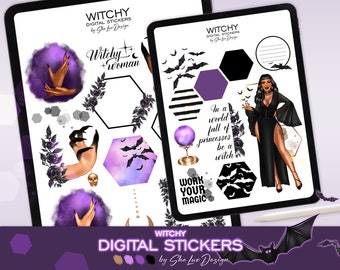 Witchy planner digital stickers, Halloween witch Goodnotes stickers, Digital scrapbook, Purple and Gold Magic sticker pack for iPad planner