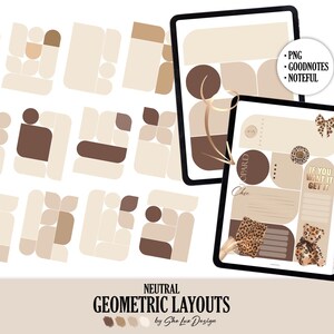 Könnte beinhalten: Digitale Planer-Layouts in neutralen Tönen mit geometrischen Designs. Das Bild zeigt zwei Tablets, die die Layouts anzeigen, mit dem Text "PNG, Goodnotes, Noteful" und "If you want it, get it". Die Layouts enthalten Leopardenmuster-Akzente.