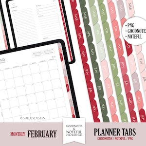 Könnte beinhalten: Digitale Planer-Registerkarten in Rot-, Grün- und Rosatönen, beschriftet mit den Monaten März bis September. Das Bild zeigt auch einen digitalen Planer mit einer Februar-Kalenderansicht. Der Text enthält "Planner Tabs" und "Goodnotes/Noteful/PNG".