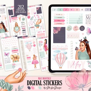 Mai digitale Planer Aufkleber 2025, Goodnotes Stickerbuch für iPad, digitale Scrapbooking Aufkleber, Frühling Mai Frau Pre-Cropped PNG