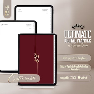 Puede incluir: Planificador digital en tabletas, con una cubierta burdeos y texto dorado '2026'. La imagen incluye el texto 'ULTIMATE DIGITAL PLANNER' y 'Customizable'. Texto adicional destaca características como más de 900 páginas y compatibilidad con iOS y Android.