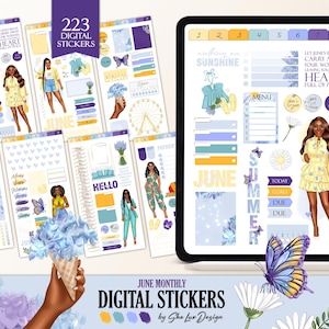 Juni 2025 digitale Planer Aufkleber, Goodnotes Stickerbuch für iPad, Sommer Schmetterling Widget Aufkleber, Schwarze Frau Blumen PNG Aufkleber