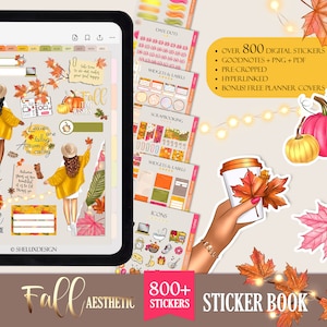 Fall digital stickers, Autumn Sticker Book, Hyperlinked split screen Goodnotes sticker Bundle, Cozy Fall leaves Pink planner stickers PNG