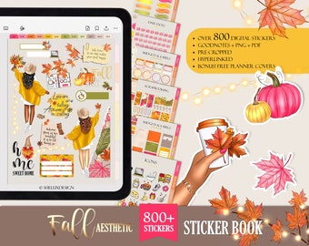Könnte beinhalten: Ein digitales Stickerbuch mit über 800 Stickern zum Thema Herbst. Die Sticker zeigen Illustrationen von Blättern, Kaffeetassen und Frauen in Herbstoutfits. Die Sticker sind für die Verwendung in digitalen Planern und Notizbüchern konzipiert.