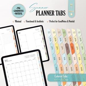 Pode incluir: Abas de planejador digital de verão em várias cores pastéis, incluindo azul, amarelo, verde e laranja. O conjunto inclui etiquetas mensais de janeiro a abril para o ano de 2026. Três telas de tablet exibem layouts de planejador com abas laterais.