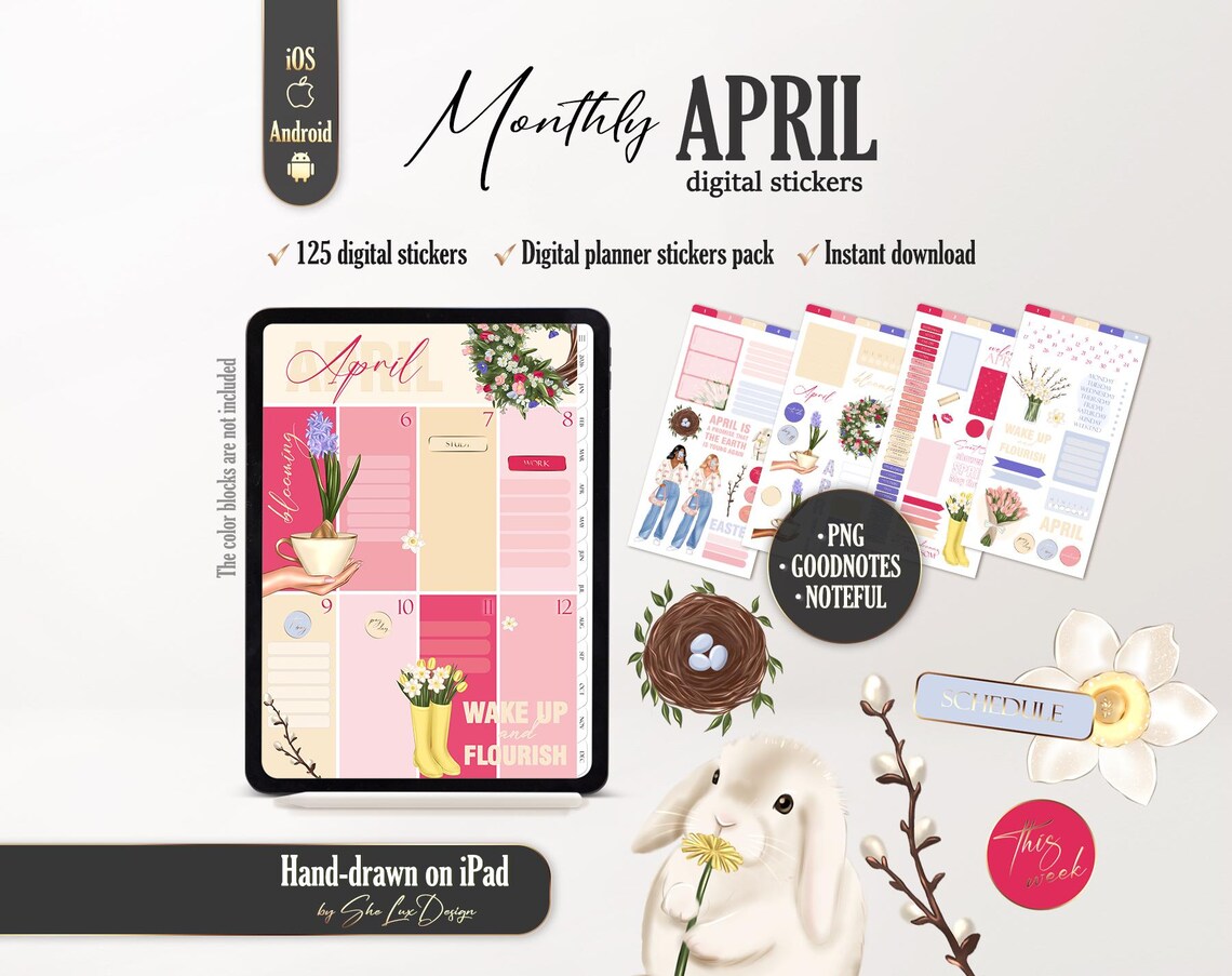April 2026 Monthly Digital Stickers, Digital Planner Stickers for ...