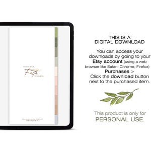 May include: A digital download for a sticker book with the title "Faith Aesthetic". The image shows a digital preview of the sticker book on a tablet screen. The text "This is a Digital Download" is displayed on the right side of the image.