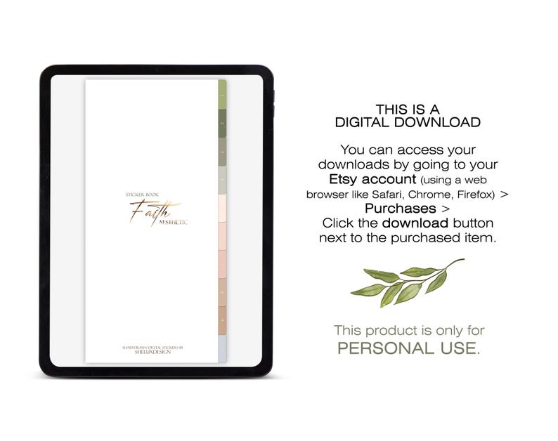 May include: A digital download for a sticker book with the title "Faith Aesthetic". The image shows a digital preview of the sticker book on a tablet screen. The text "This is a Digital Download" is displayed on the right side of the image.