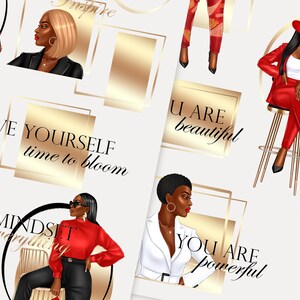 May include: Digital illustrations of women in red and white outfits with motivational quotes. The quotes include "Give yourself time to bloom", "Mindset is everything", "You are beautiful", "You are powerful".