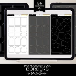 May include: Digital sticker book with 84 gold borders for Goodnotes and PNG files. The book features a variety of border shapes, including circles, squares, rectangles, and arches.