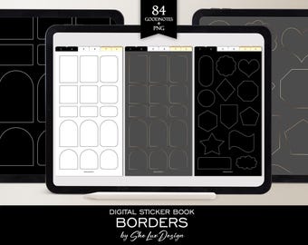 Goodnotes planner Borders digital stickers, Digital weekly insert, PNG shape border for digital planning, Black White Gold planner inserts