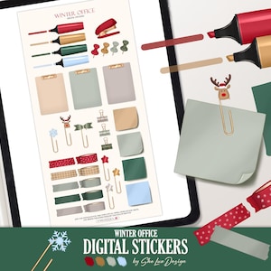 May include: Digital stickers for a winter office theme, displayed on a tablet. The stickers include highlighters, paper clips, sticky notes, and decorative tape. The color palette features red, gold, green, and blue accents. The text on the image reads "WINTER OFFICE DIGITAL STICKERS by She Lux Design."