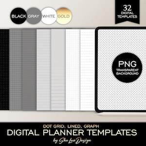 Modèles de papier à lettres numériques avec fond transparent, papier quadrillé à points, modèle avec lignes, noir et blanc gris, inserts pour agenda PNG