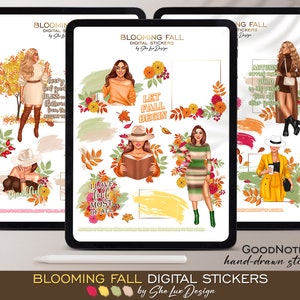 Autumn digital stickers for Goodnotes planner, Fall stickers, Autumn flowers PNG, Blooming Fall, Hello fall Goodnotes stickers, Women PNG