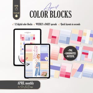 Puede incluir: Plantillas de planificador digital con el texto "April COLOR BLOCKS" en un diseño suave y femenino. La imagen muestra una tableta con un diseño de planificador, bloques de color y el texto "Wake Up Flourish". Incluye archivos PNG y Goodnotes.