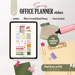 Spring Office digital planner stickers, Sticky notes digital stickers for GoodNotes & Noteful + PNG, Washi Tape, Push Pins, Paper Clips
