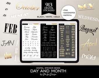 Days of the week Digital stickers, Month Goodnotes stickers for digital planning, Black White Gold Everyday Daily and Monthly sticker book