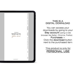 May include: A digital download for an Everyday Widgets sticker book. The image shows a tablet screen displaying the sticker book cover and instructions for accessing the digital download.