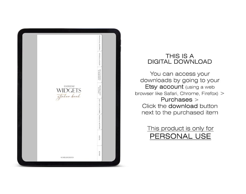 May include: A digital download for an Everyday Widgets sticker book. The image shows a tablet screen displaying the sticker book cover and instructions for accessing the digital download.