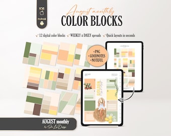 August 2026 Color Blocks Digital Stickers, Digital Planner Templates, Daily Weekly insert Layout Boxes, GoodNotes Noteful background inserts