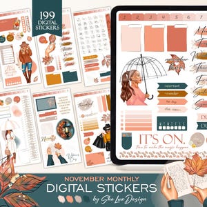 November digital stickers, Fall 2024 Goodnotes stickers, Cozy planner stickers for iPad, Fashion girl fall sticker book, Digital scrapbook