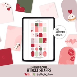 May include: A digital tablet displays a collection of widget shapes in red, pink, and green, with heart and Valentine's Day themes. Surrounding the tablet are various decorative cards and shapes, including hearts, dice, and lip prints. Text on the tablet reads "February Monthly Widget Shapes".