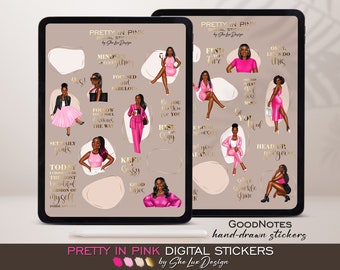 May include: Digital stickers featuring illustrations of women in pink outfits with motivational quotes. The stickers are designed for use in GoodNotes and other digital note-taking apps. Quotes include "Find your fire", "Rise daily", "Be you, be true", "Head up, gorgeous", "Keep sassy", "Good vibes", "Shine sparkle shine", "Set daily goals", "Today I choose to be the most beautiful version of myself", "Mindset is everything", "Focused and fabulous", "Follow your soul, it knows the way", "Be you, be true for you", "Be good to yourself", "Let your radiance", "She has that girl boss mentality", "Okay, let's do this", "Yes!"
