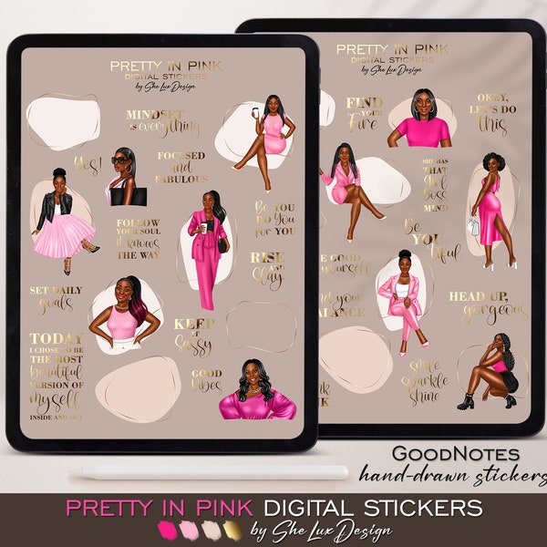 Black girl digital stickers, Goodnotes stickers, Pink and gold, Pre-cropped girl boss stickers, Boss Lady PNG, Black women PNG,