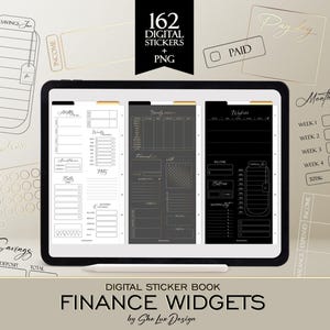 May include: A digital sticker book with 162 finance widgets for use in digital planners. The stickers are in black and white with gold accents. The stickers include sections for income, expenses, savings, and monthly spending.