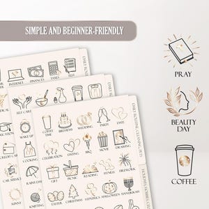 May include: A set of beige planner stickers with gold and black illustrations. The stickers include icons for daily routines, holidays, and hobbies. Text at the top reads "SIMPLE AND BEGINNER-FRIENDLY". Additional icons include "PRAY", "BEAUTY DAY", and "COFFEE".
